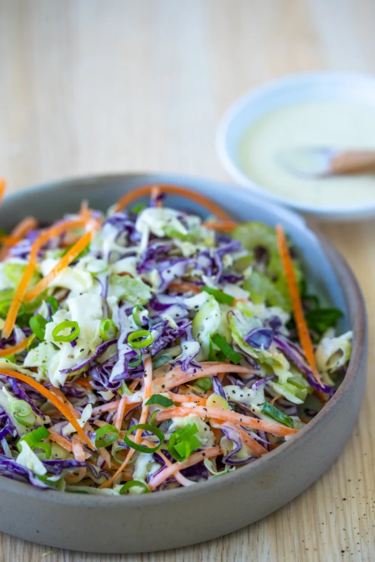 coleslaw in bowl with extra dressing on the side