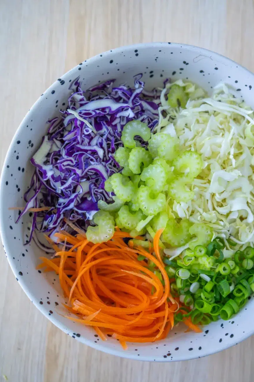 prepped coleslaw recipe ingredients in bowl