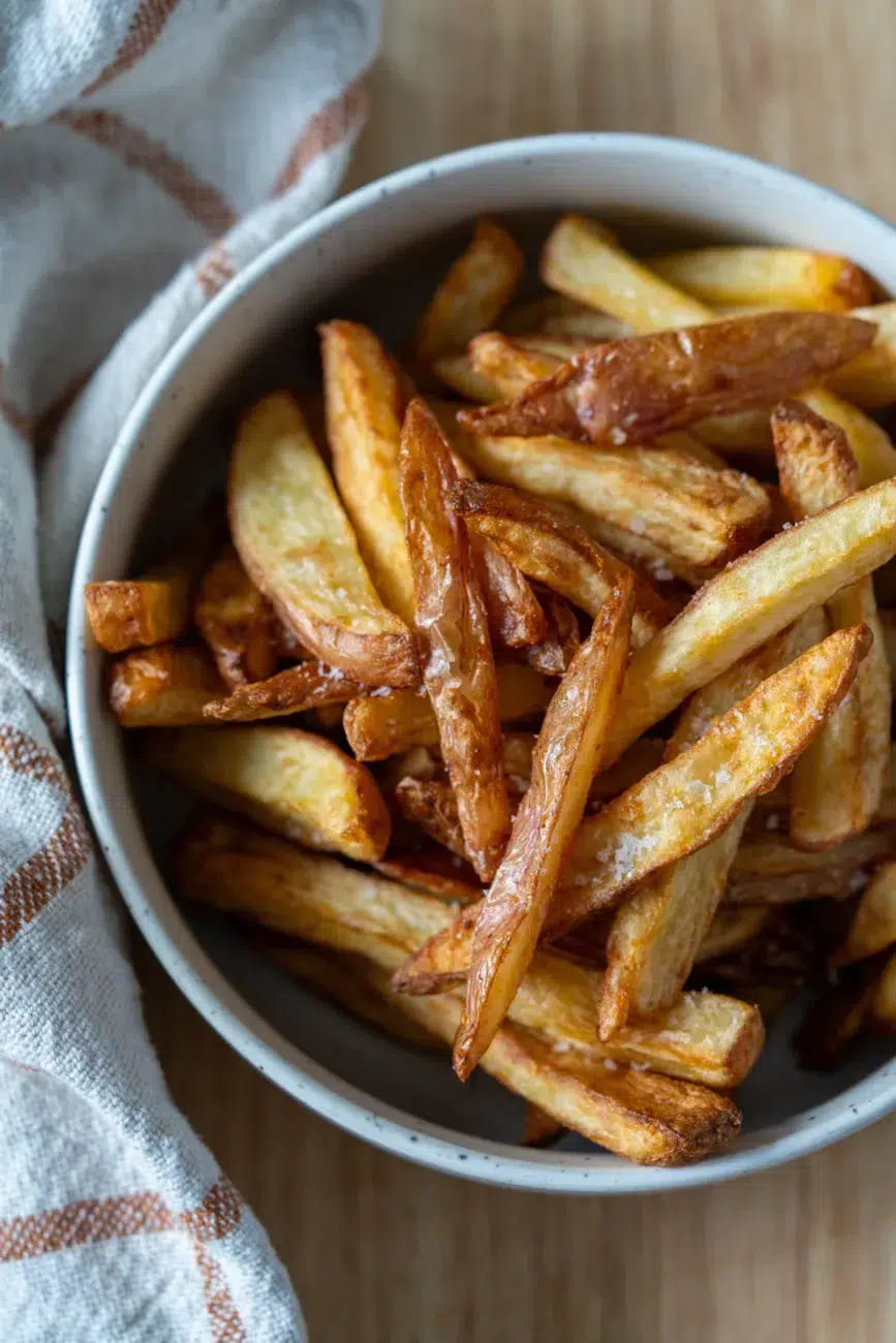 Close-up of golden air fryer chips in a white bowl