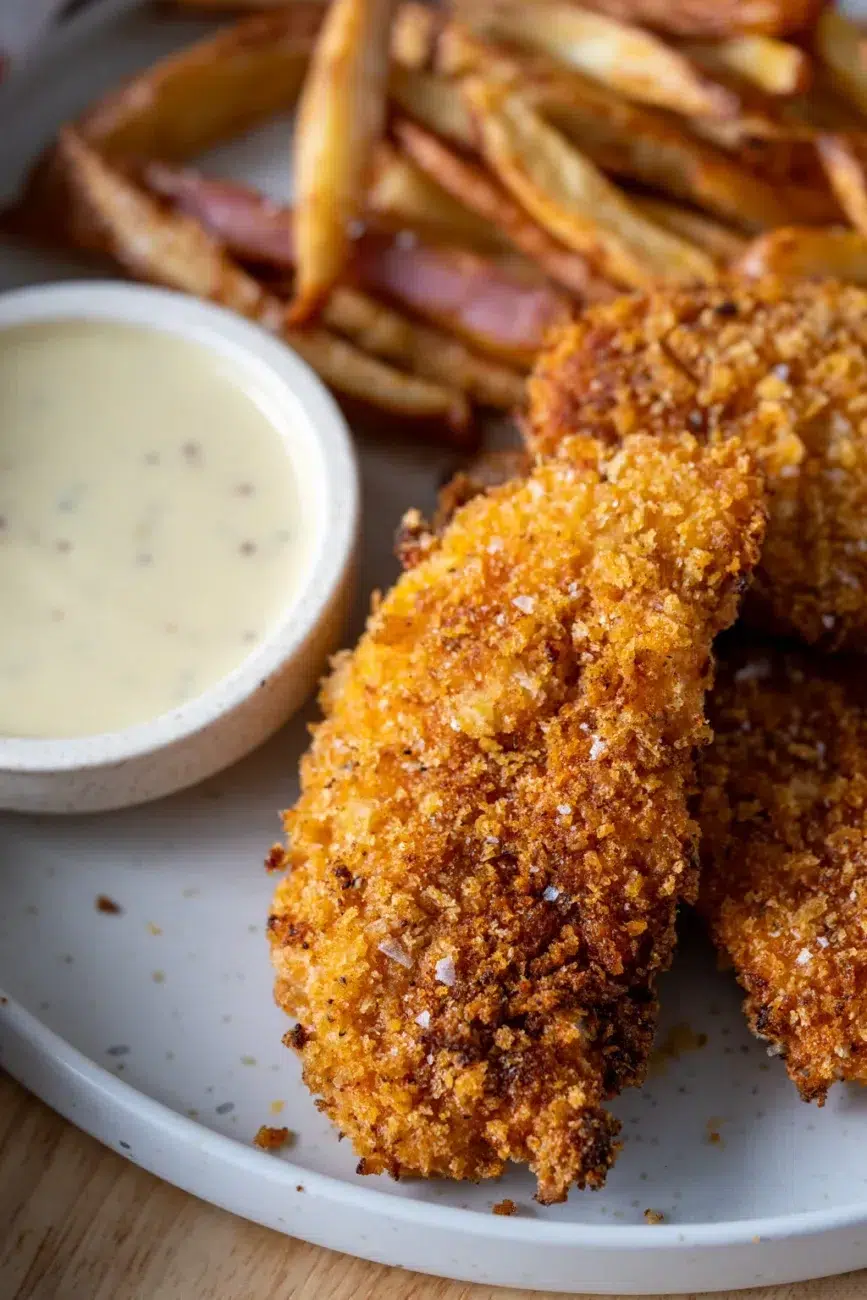 Close-up of crispy baked chicken tender served with fries and dipping sauce on a plate.