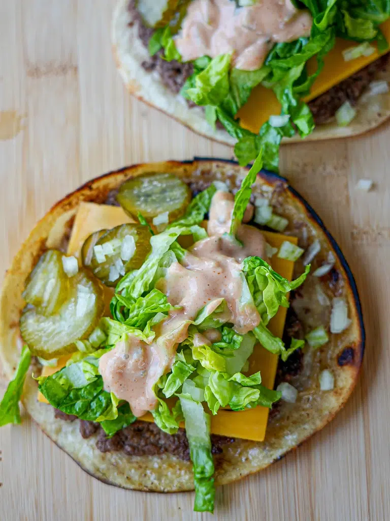 Big Mac Tacos with ground beef, cheese, and lettuce filling