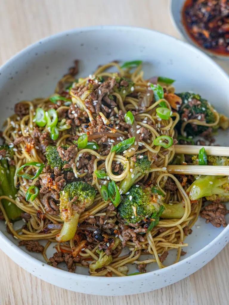 Close-up of Beef and Broccoli Noodles served in a bowl