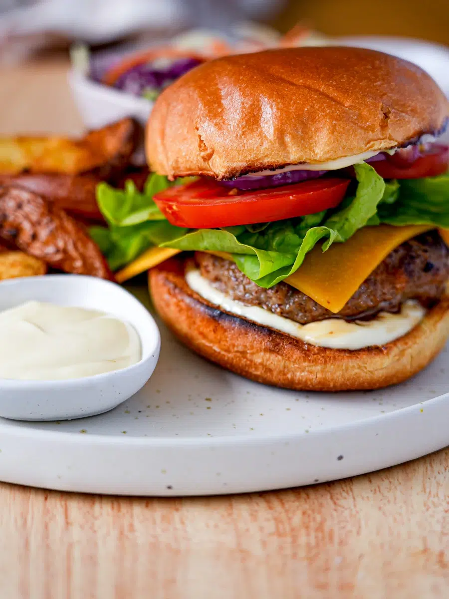 Juicy Homemade Beef Burgers Recipe with Crispy Potato Wedges and Homemade Coleslaw