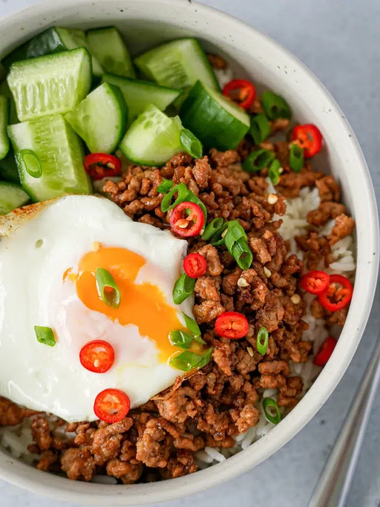 Vietnamese Sticky Pork Bowls, served with cucumber and fried egg