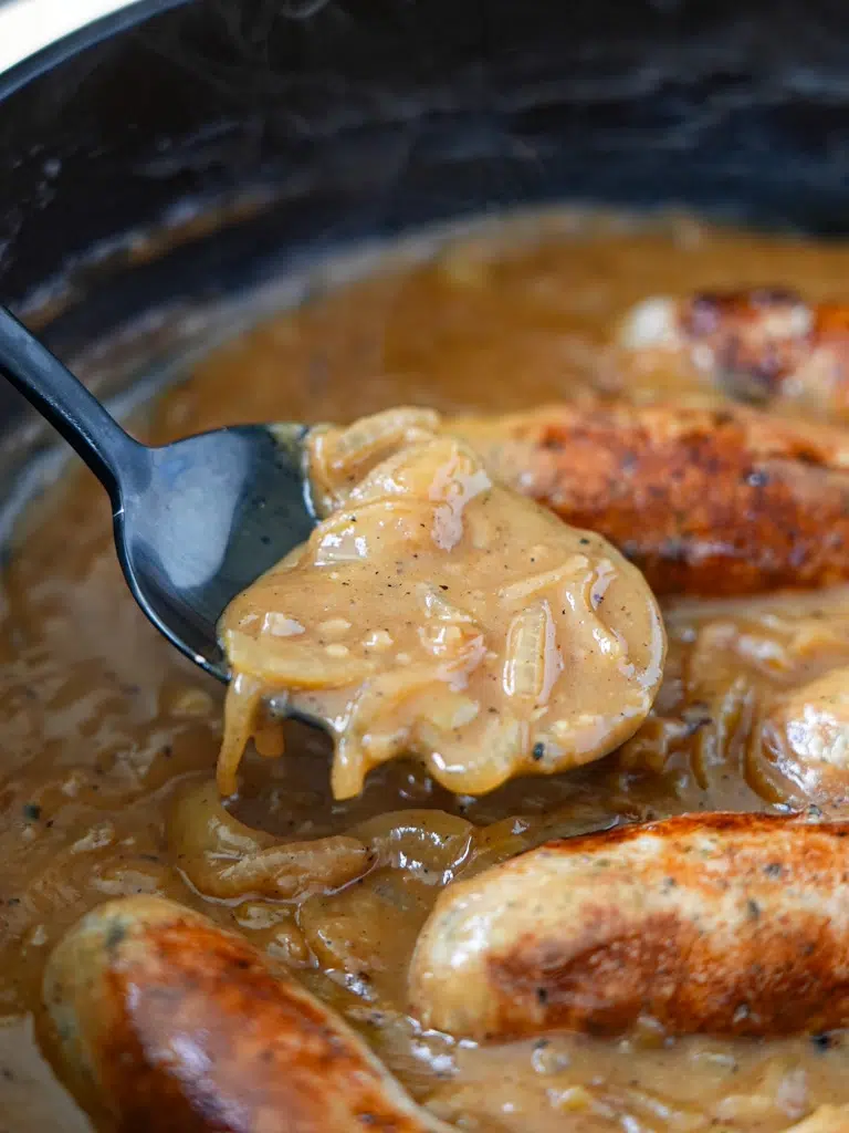 Sausages with homemade onion gravy