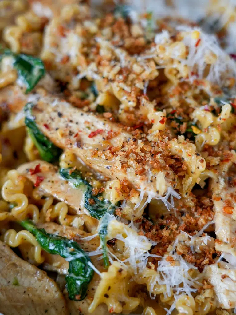 Closeup of Creamy Parmesan chicken pasta