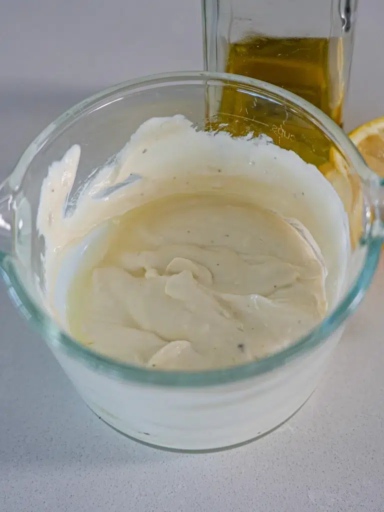 Creamy mixture in a white bowl, viewed from above