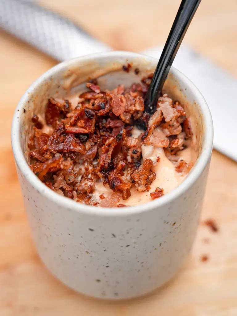 Baconnaise mixture with crispy chopped bacon, mayo, and mustard.