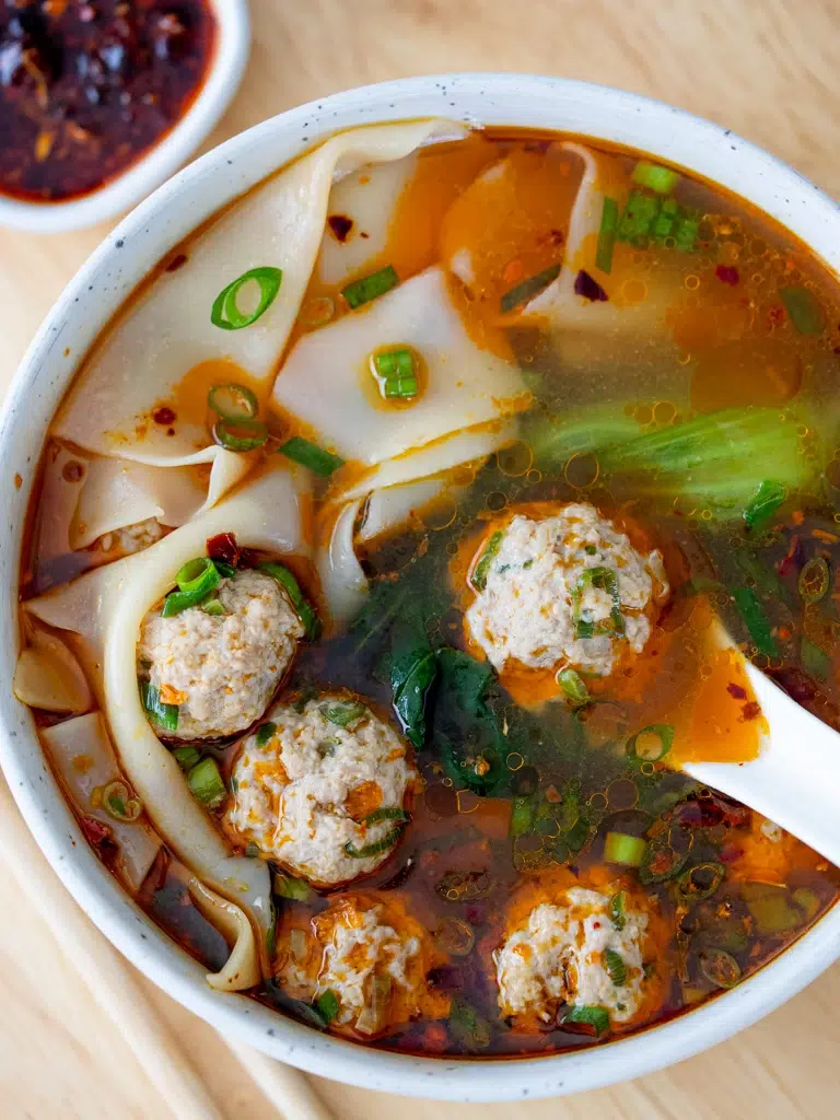 Overhead image of plated wonton soup