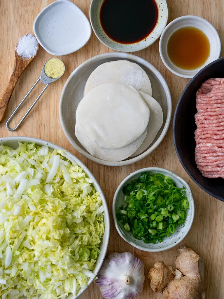 Overhead shot of Dumpling Dipping Sauce ingredients laid out before mixing.