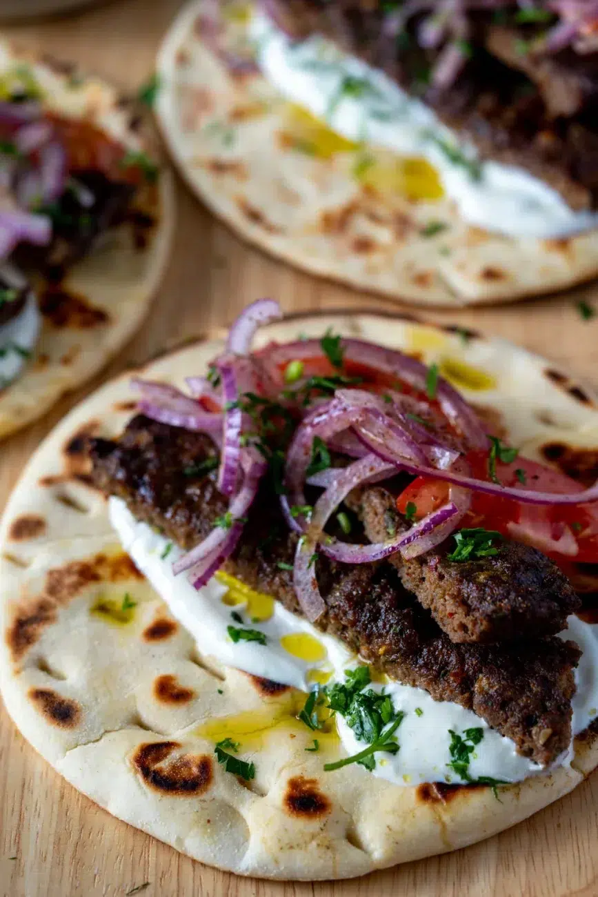 Close-up of tender ground beef kebab wrapped in warm flatbread with creamy garlic yoghurt, sumac onions, juicy tomato, and fresh herbs