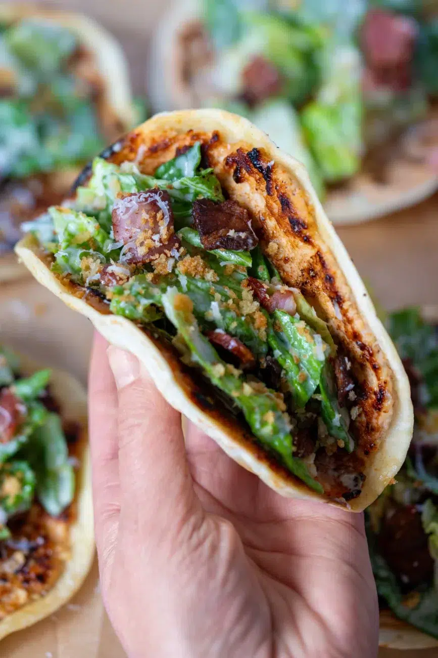Chicken Caesar Smash Tacos Recipe Close Up