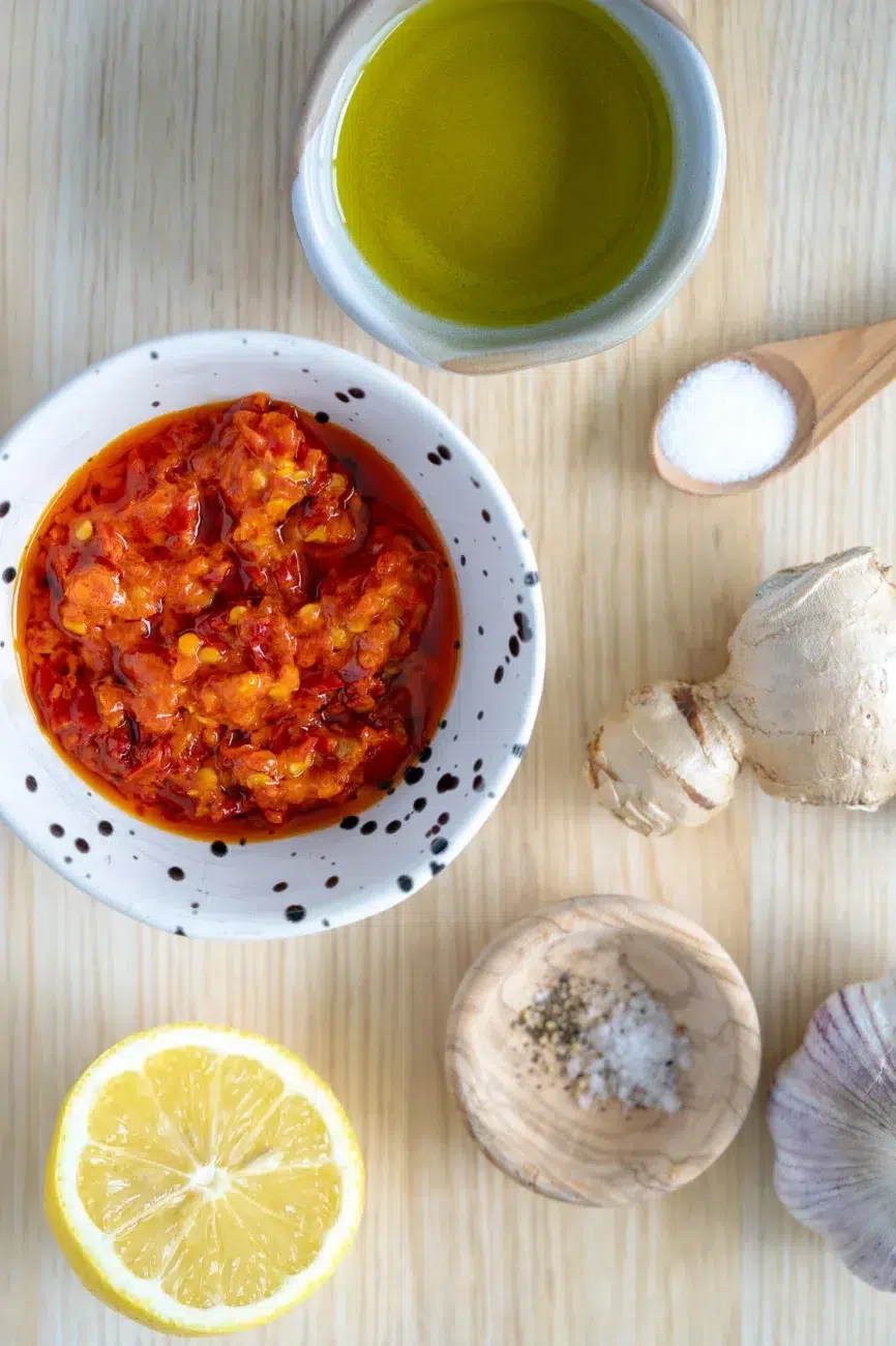 Ingredients for homemade chili oil on a plate