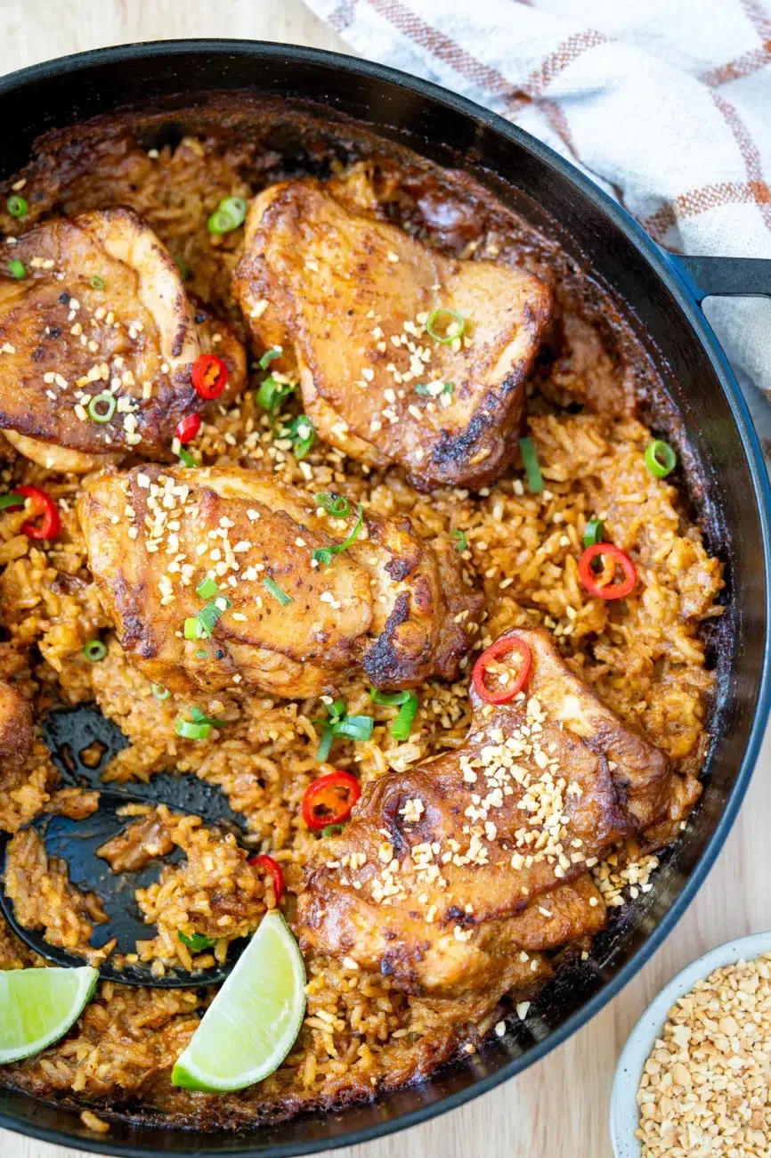 One-pan Peanut Chicken and Rice in Pan