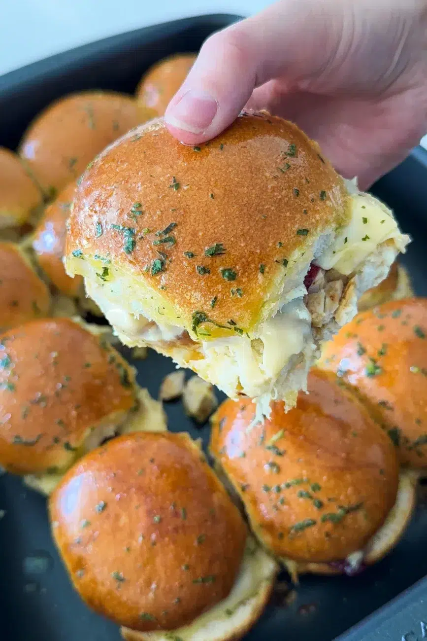 Close up of Turkey Sliders with Cranberry Mayo