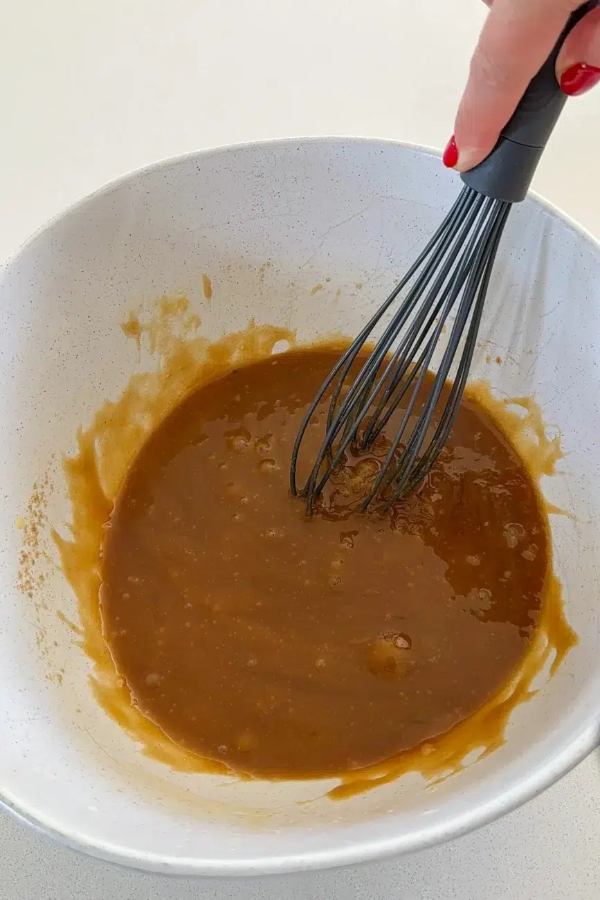 Butter brown sugar eggs and vanilla whisked in bowl until combined