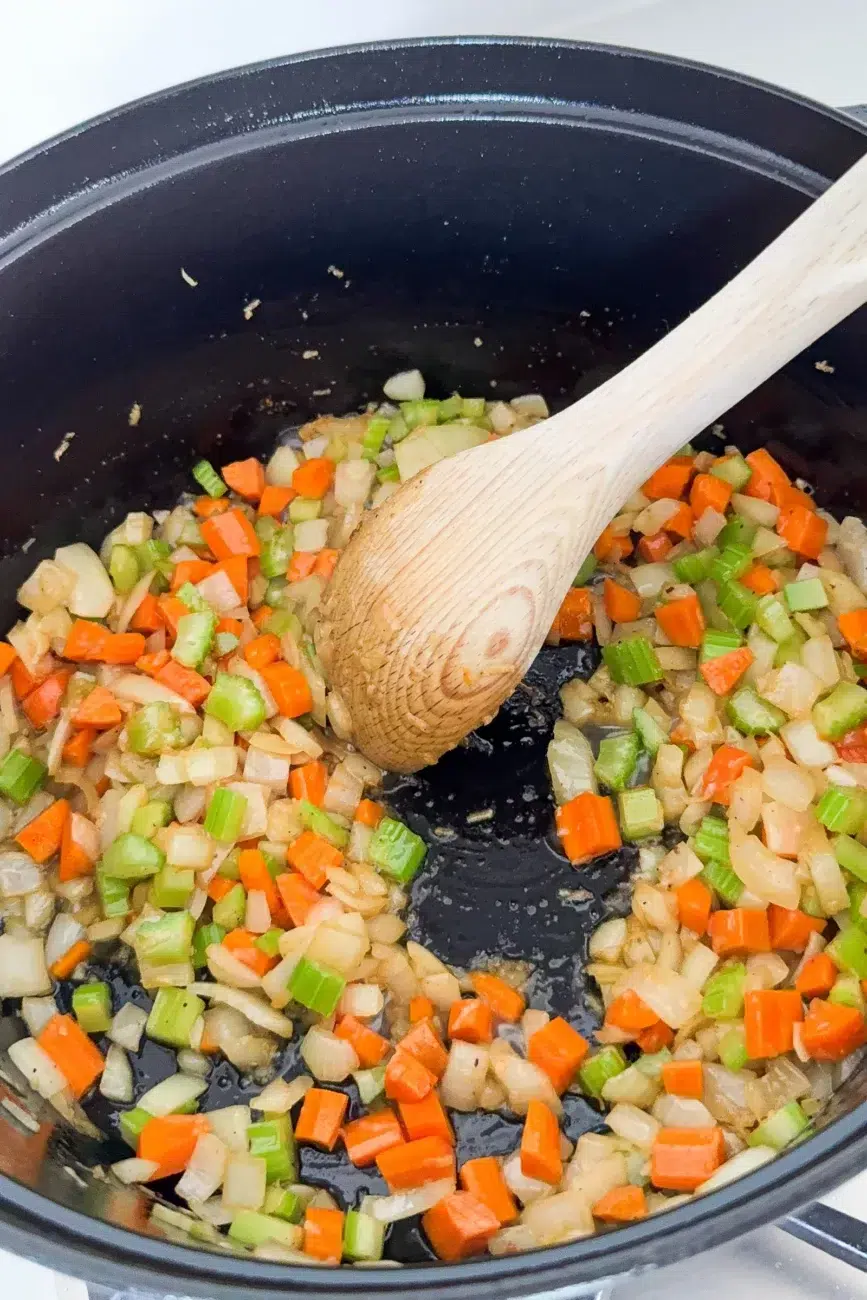 Sauteing Carrots Celery Onion for Beef Short Ribs Recipe