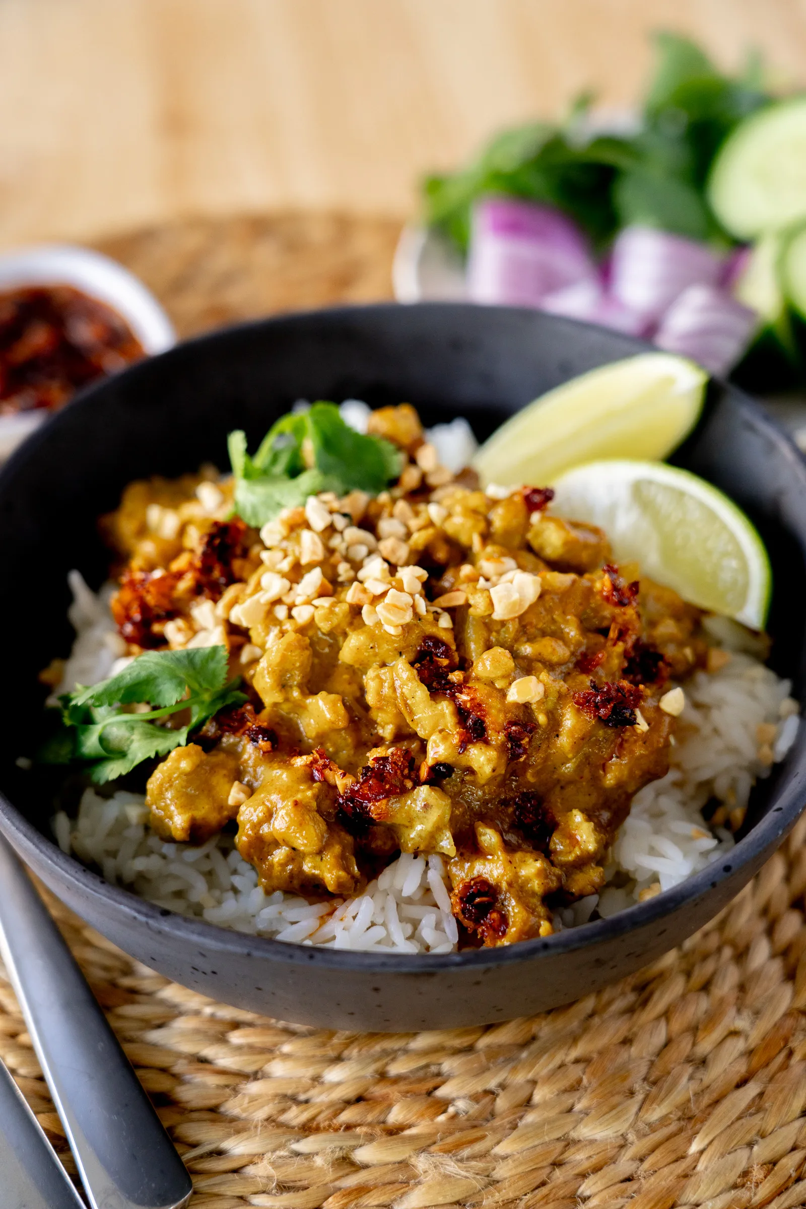 Speedy Satay Chicken Recipe with chilli crisp and crushed peanuts