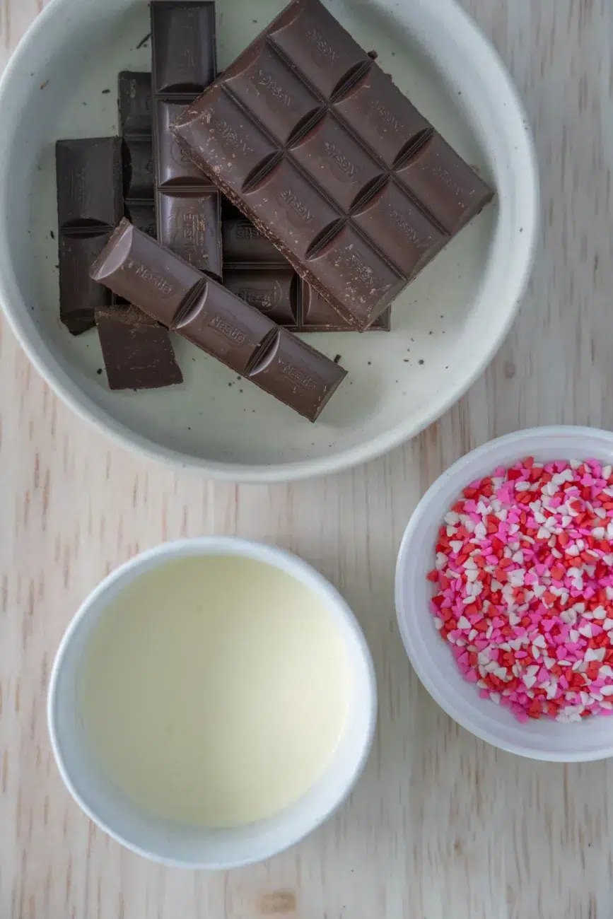 Valentines Day Brownie topping ingredients for chocolate ganache