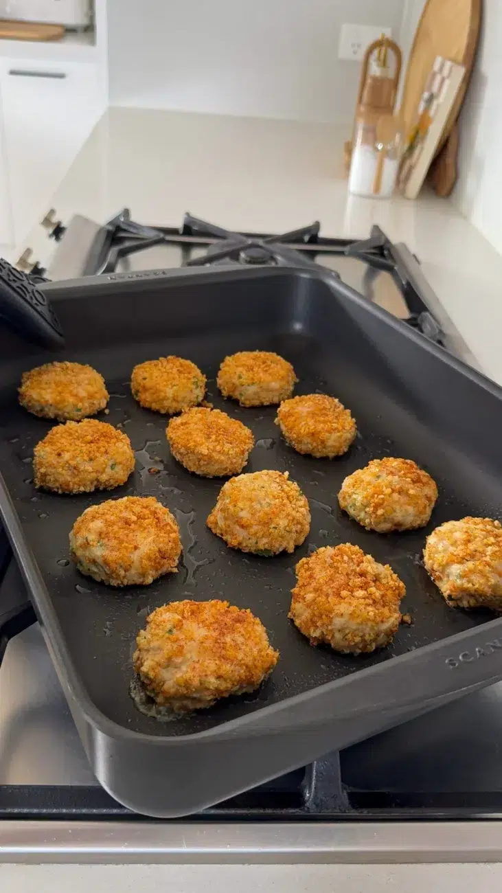 chicken rissoles halfway through cooking