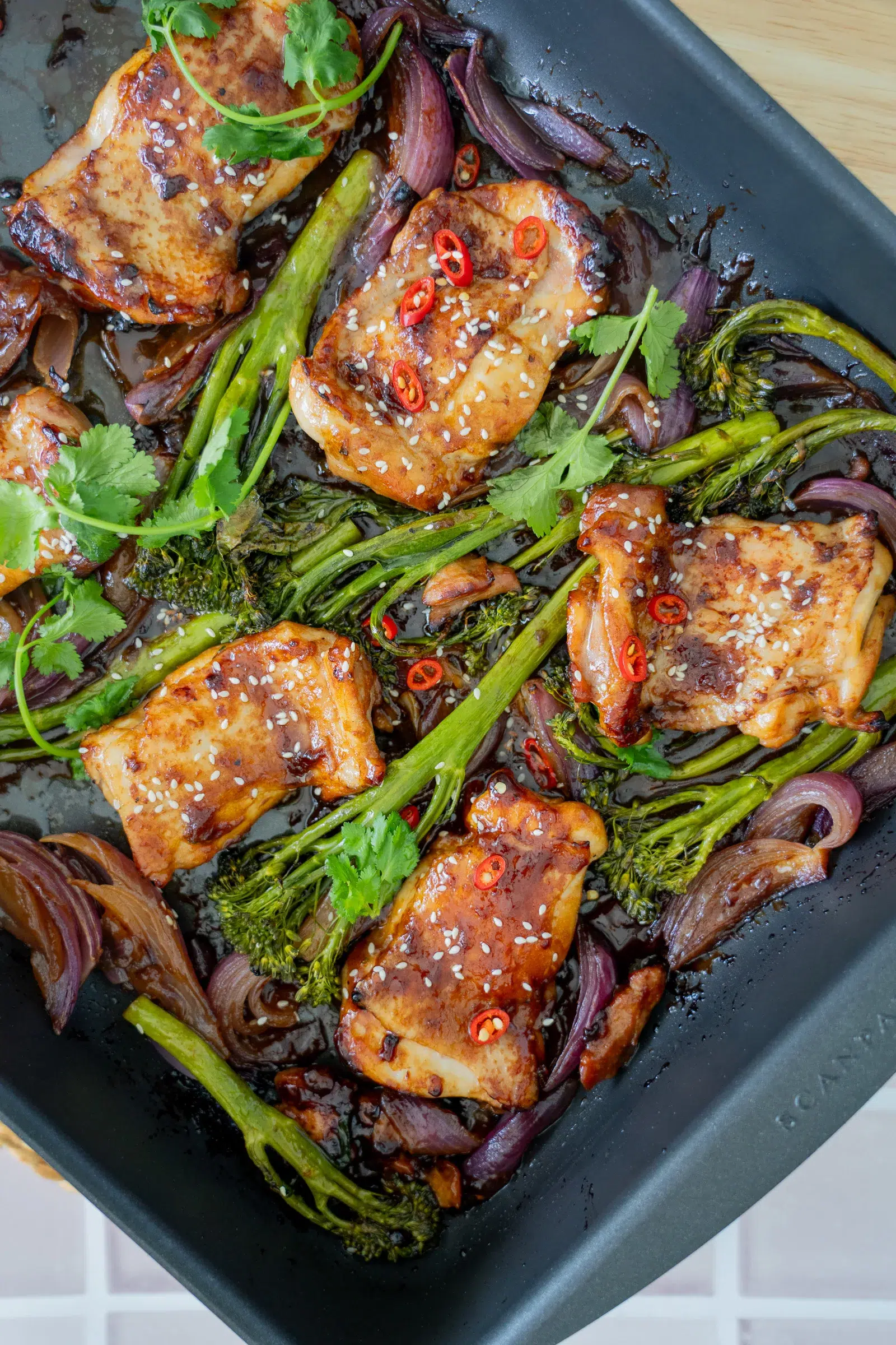 Birds eye view Honey soy chicken traybake recipe