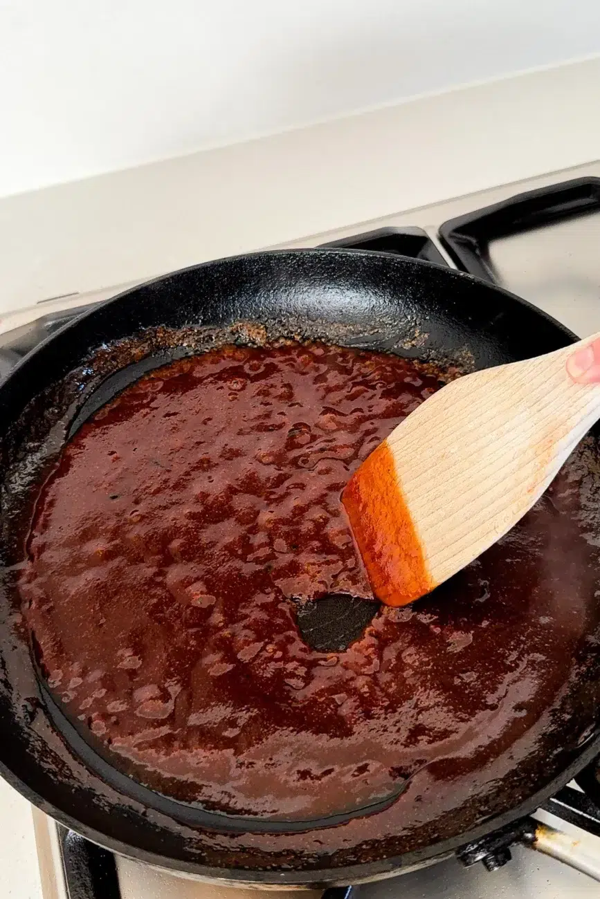 BBQ sauce glaze in the pan once it is thickened