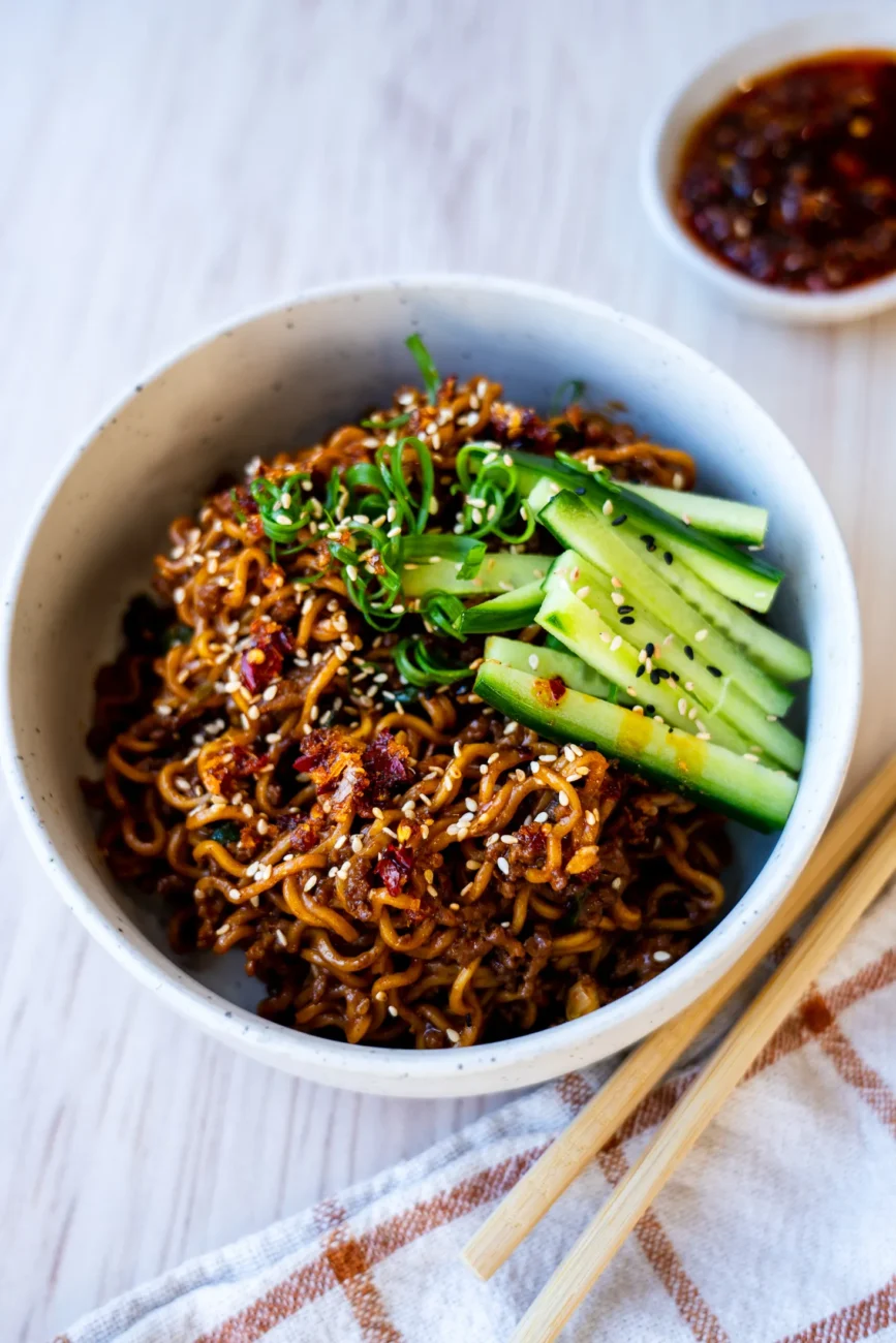 One-pan Korean beef noodles served in a bowl ready to eat
