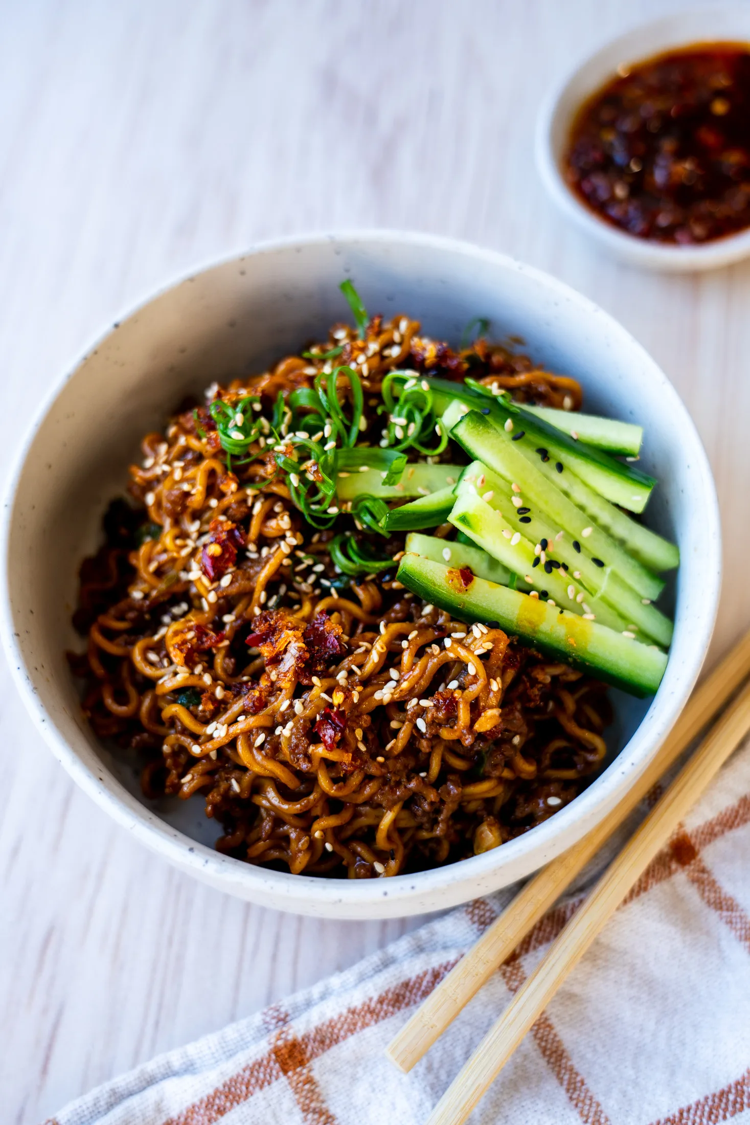 One-pan Korean beef noodles served in a bowl ready to eat
