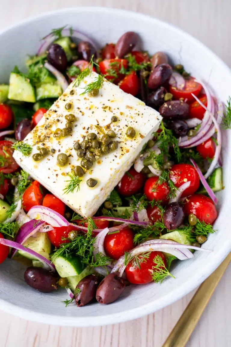 Village salad with feta olives and fresh dill