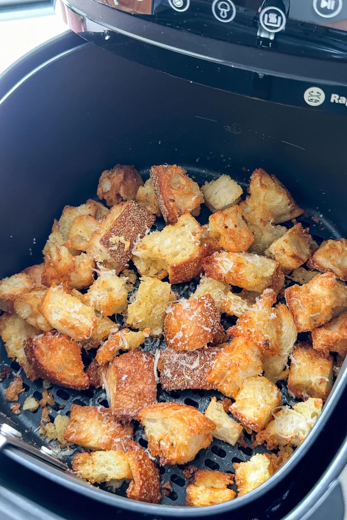 Crispy Garlic Parmesan Croutons in a bowl, golden and crunchy