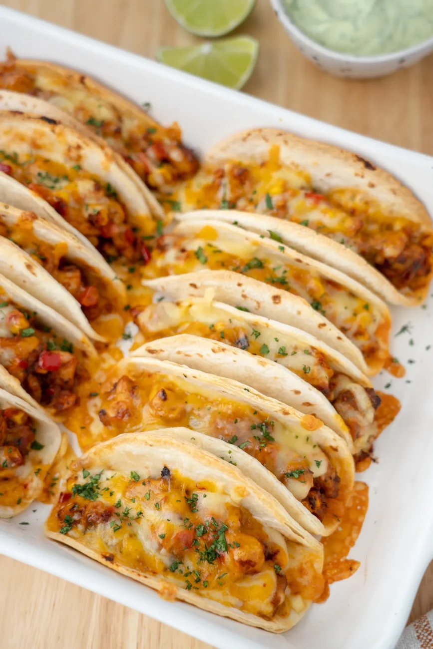 Baked Chicken Tacos Recipe with avocado cream and lime