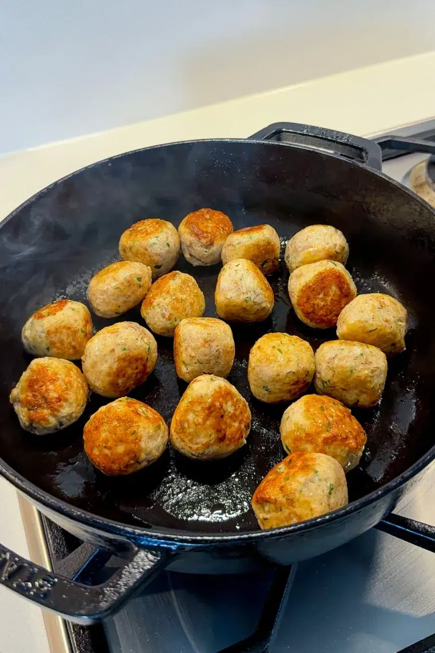 Chicken Meatballs Cooking in Pan