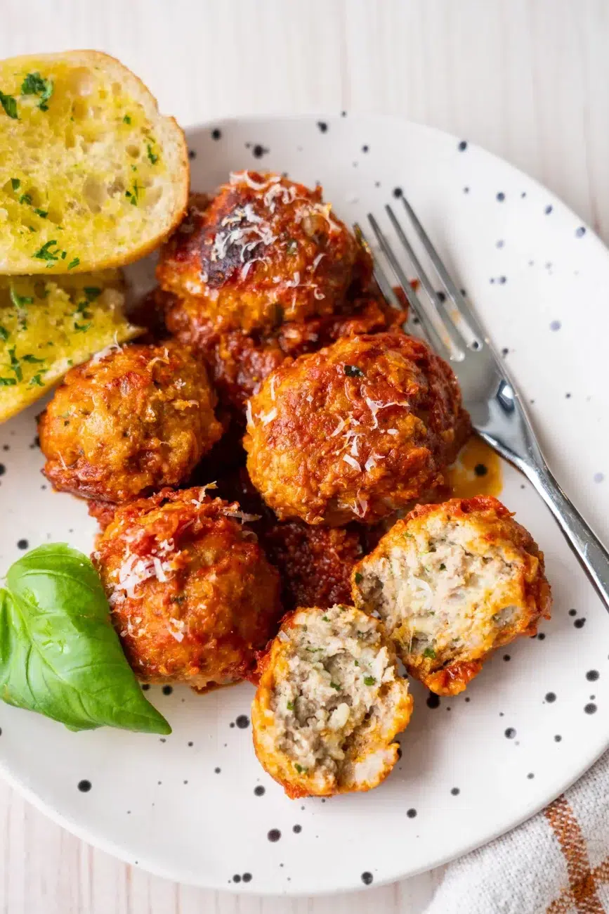 Closeup meatballs plated and cut open