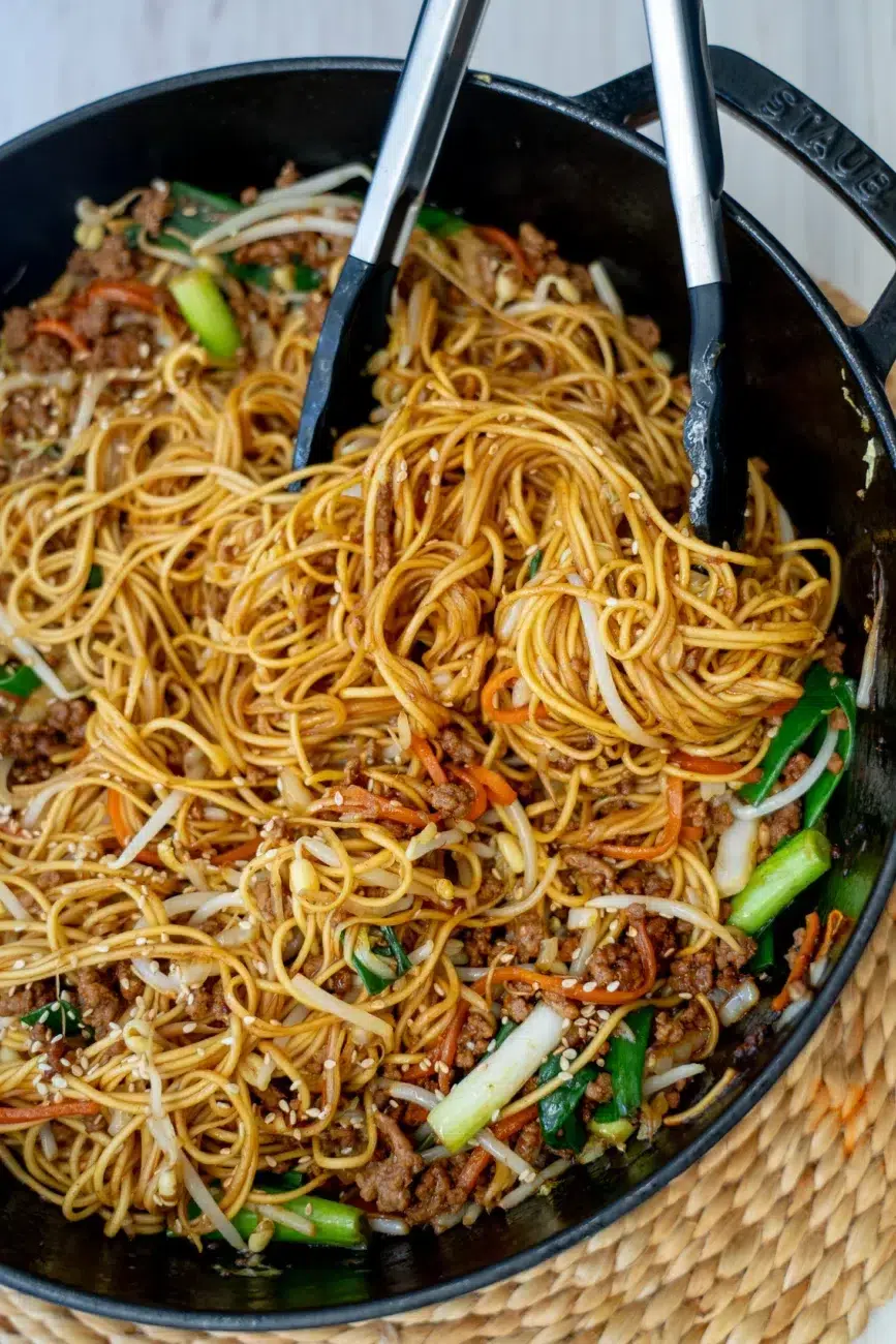 Finished Sticky Soy Beef Mince Noodles in pan
