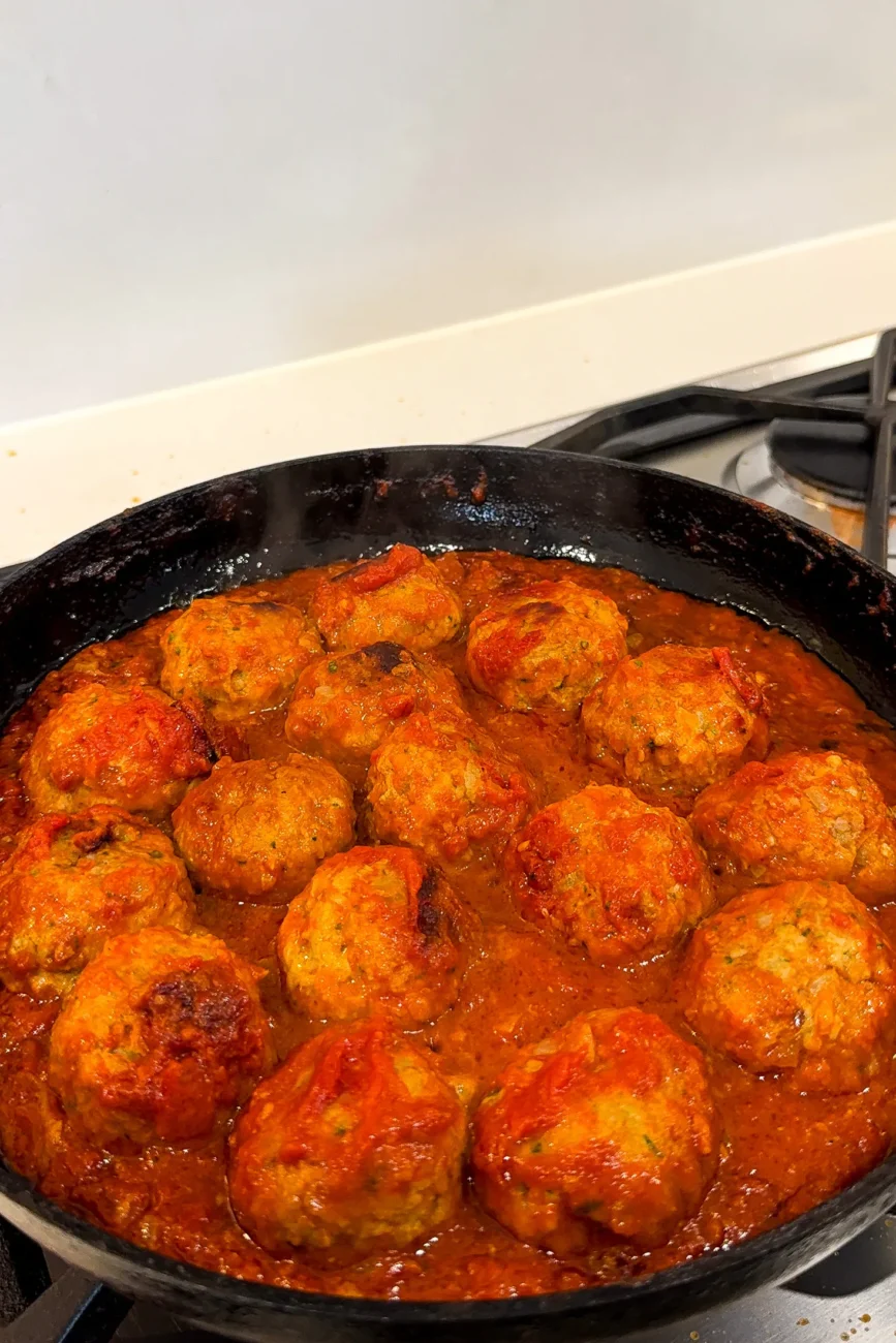 Meatballs at halfway point turned over in sauce