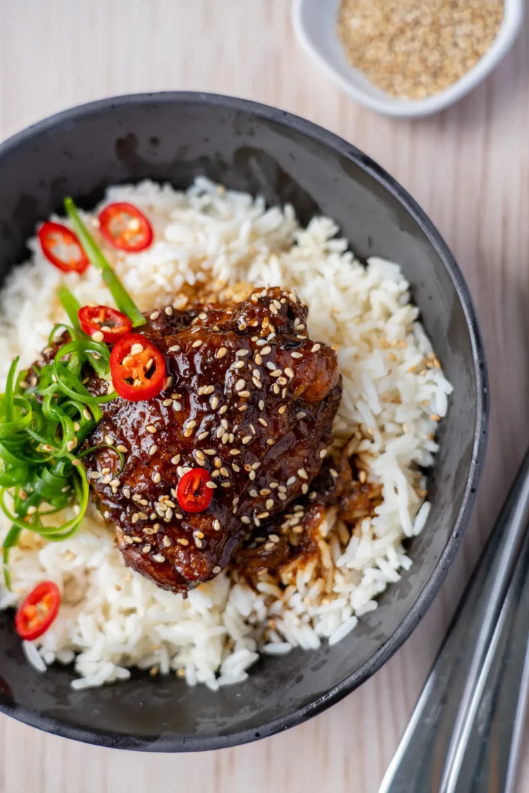 Soy braised chicken with rice and toppings