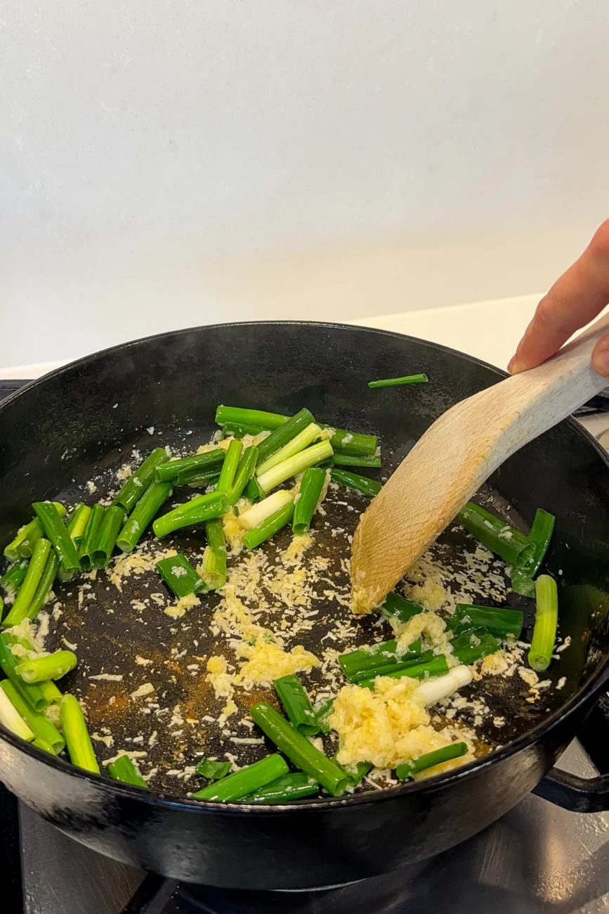 Spring onion garlic and ginger in the pan