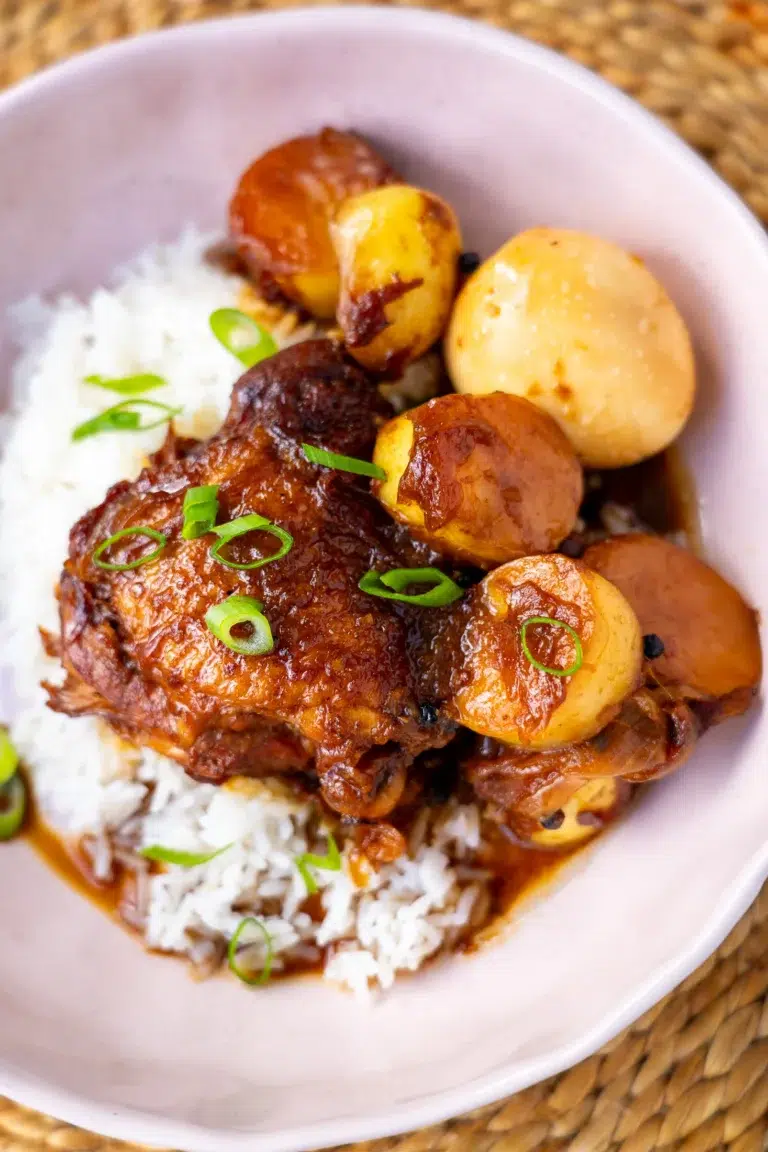 close up chicken adobo recipe with potatoes plated