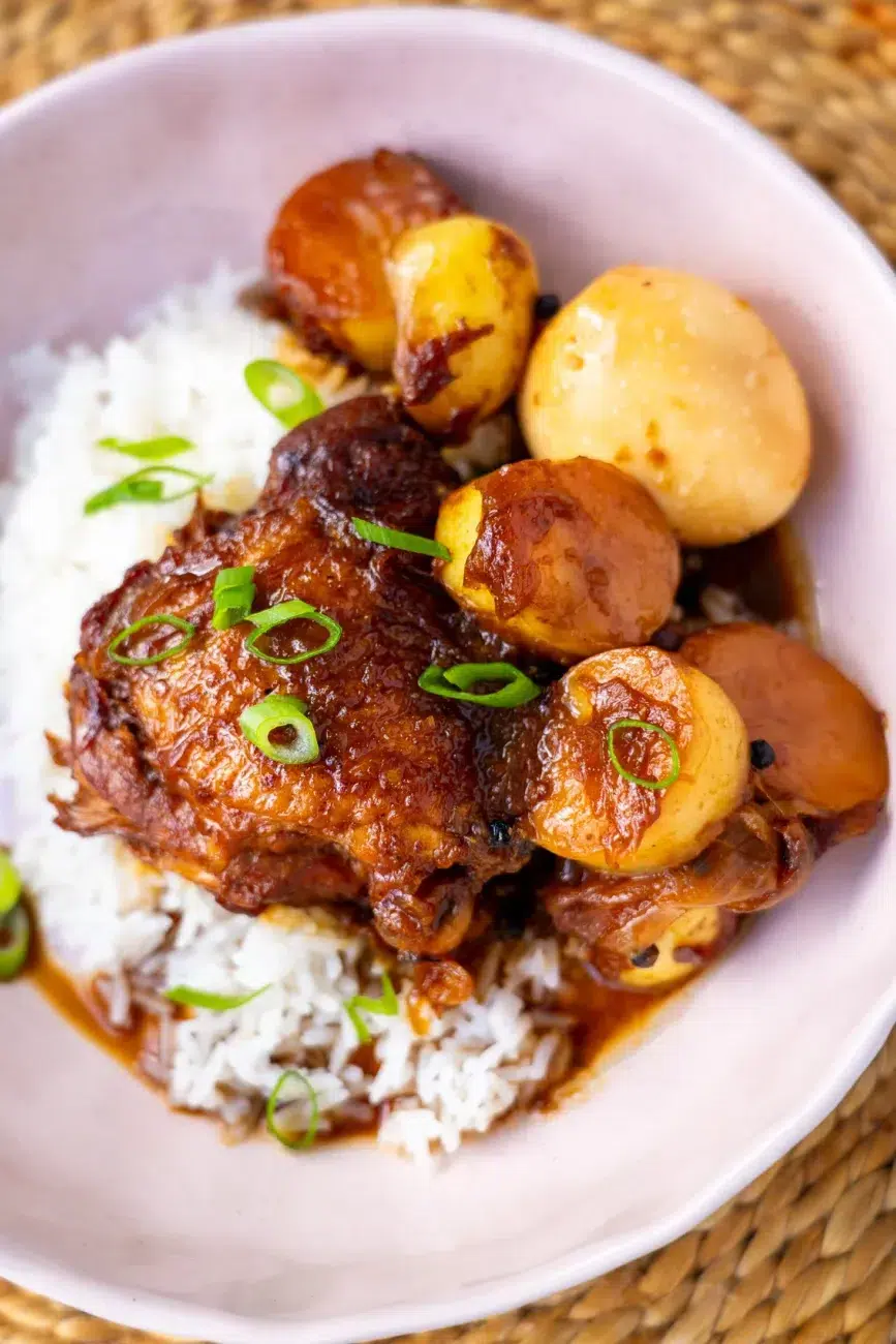 close up chicken adobo recipe with potatoes plated